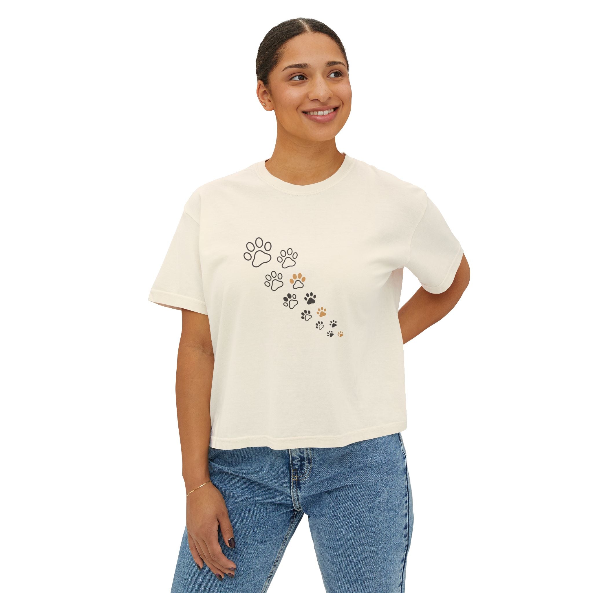 Women’s Boxy Tee – Minimal Paw Print Design, Cute Cat & Dog Lover Shirt