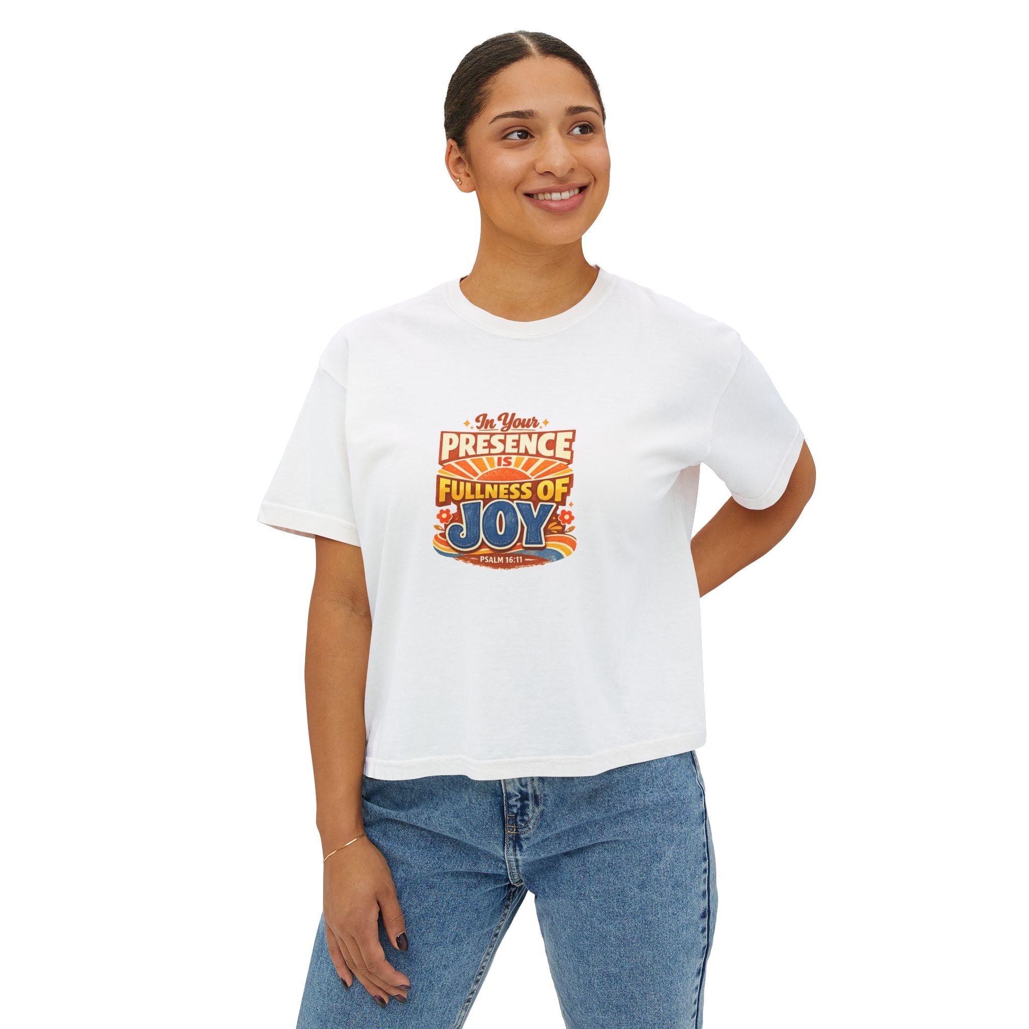 Women's Boxy Tee — “In Your Presence Is Fullness of Joy” Christian Graphic Tee