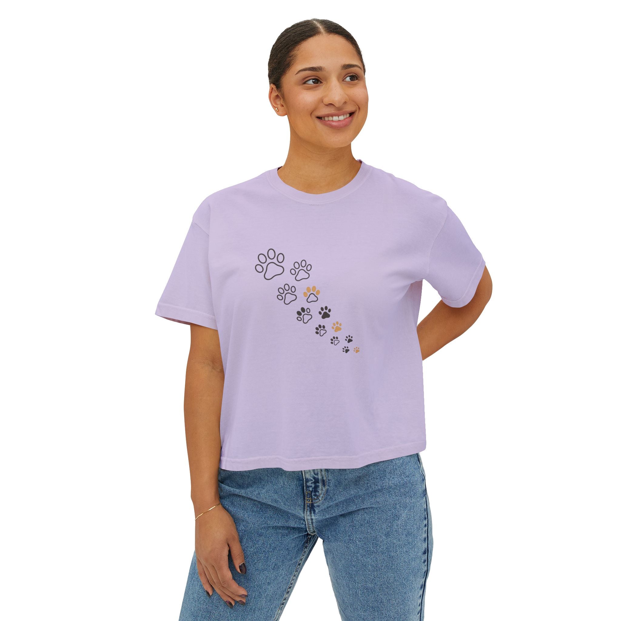 Women’s Boxy Tee – Minimal Paw Print Design, Cute Cat & Dog Lover Shirt