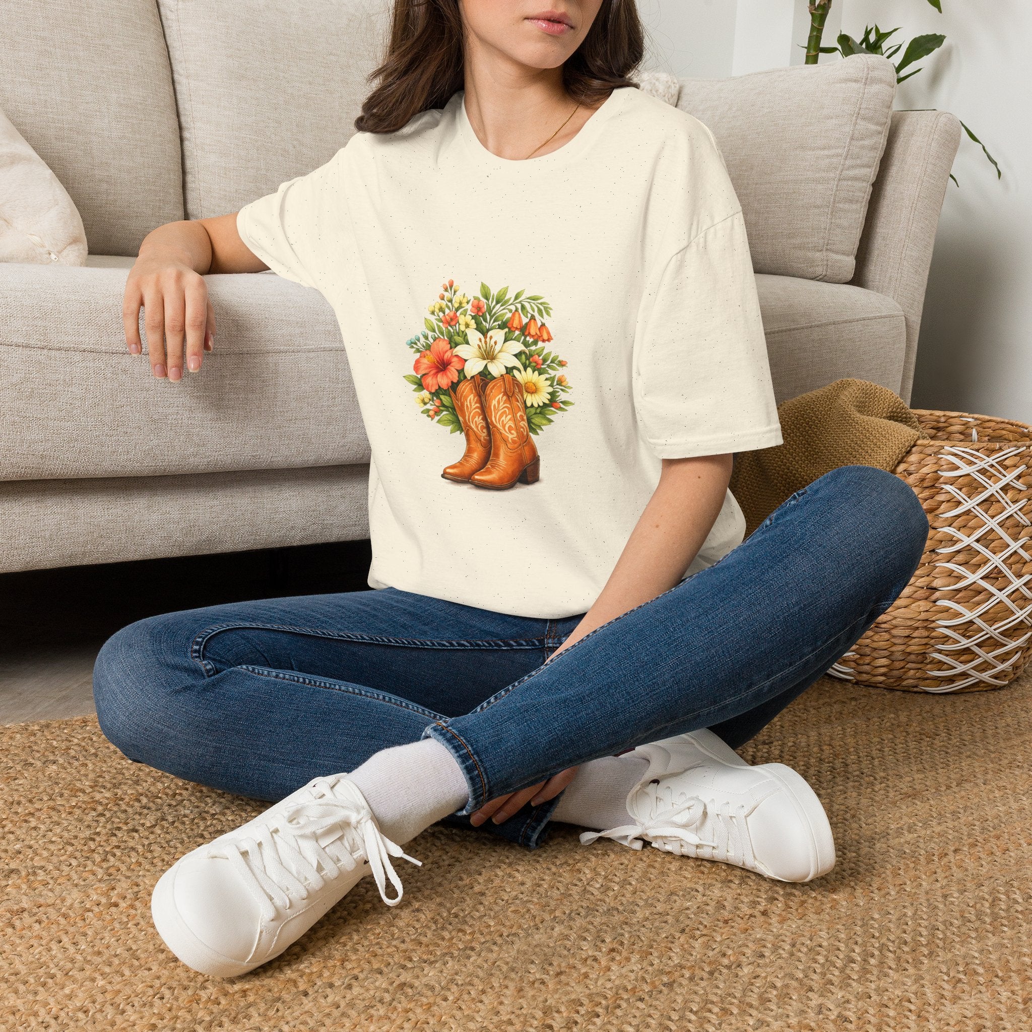 Floral Cowboy Boots T-Shirt — Rustic Wildflower Bouquet Graphic