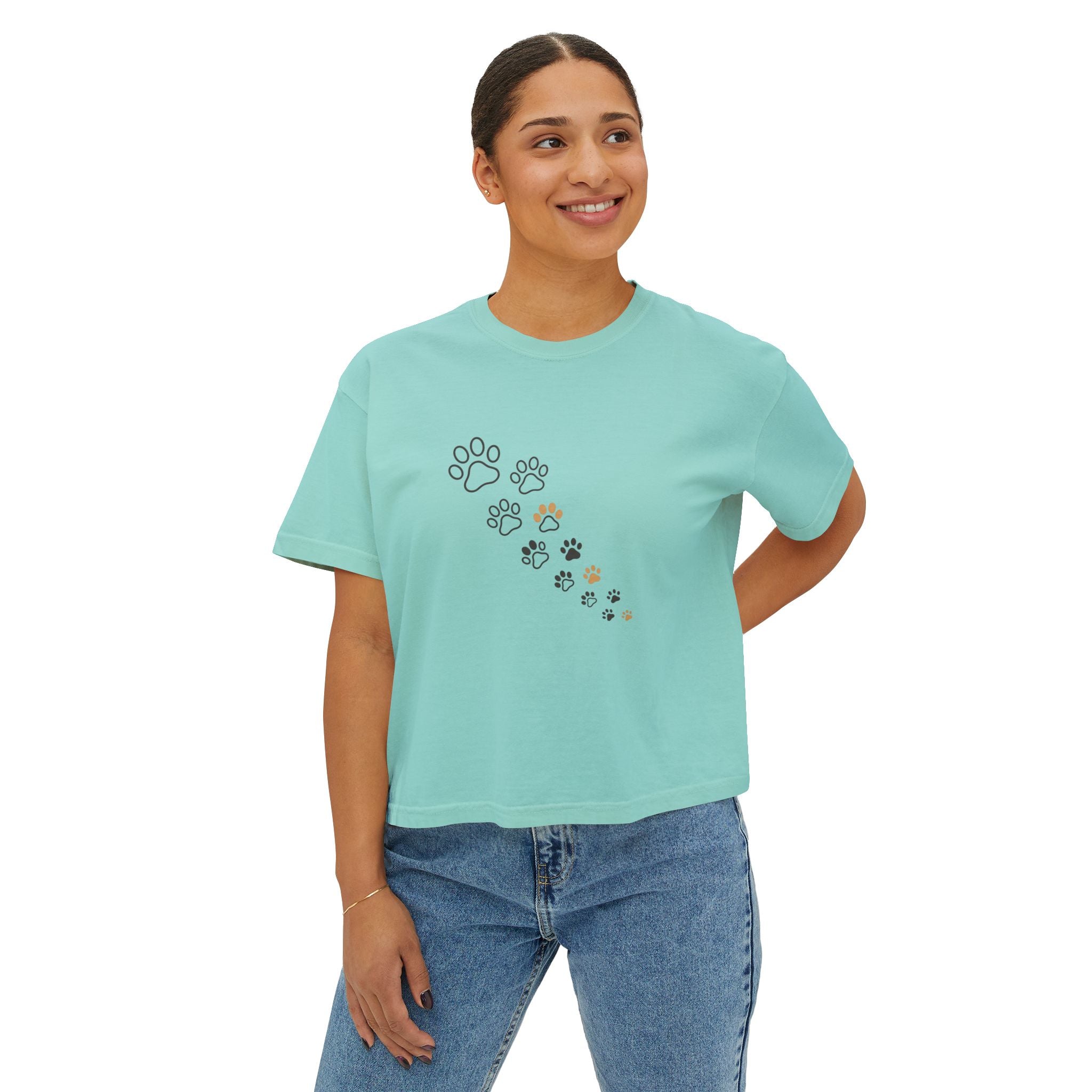 Women’s Boxy Tee – Minimal Paw Print Design, Cute Cat & Dog Lover Shirt
