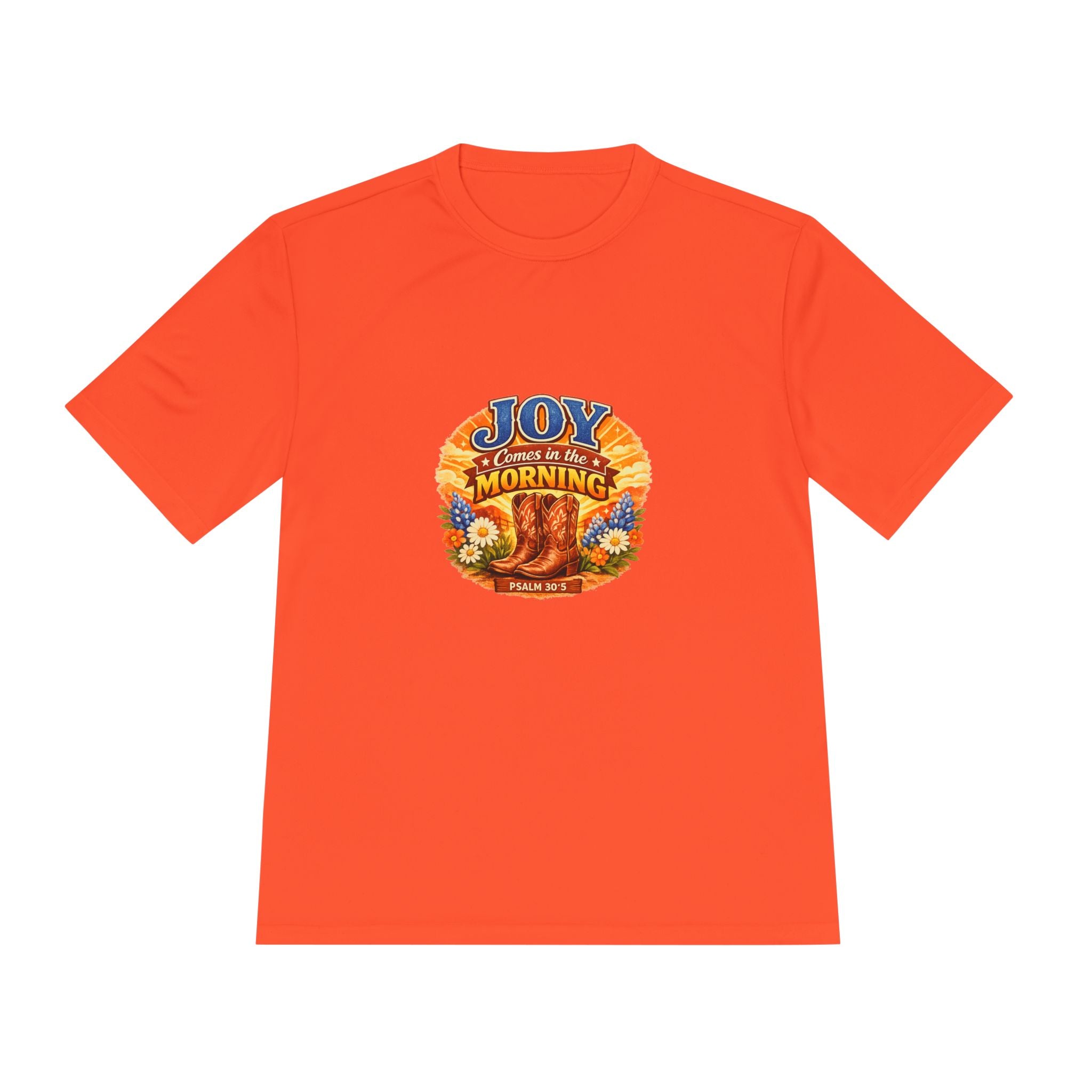 Joy Comes in the Morning Tee — Vintage Sunrise Floral Graphic Moisture-Wicking Shirt