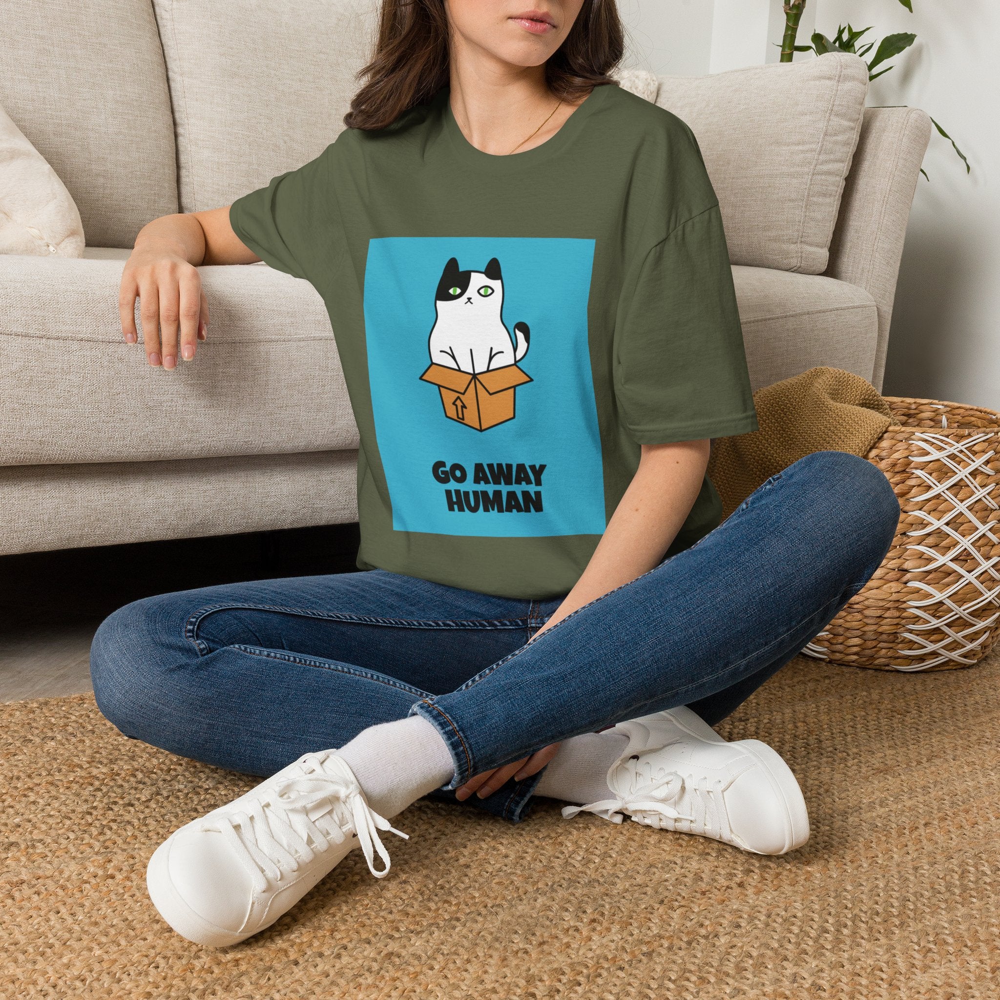 Cat In Box T‑Shirt — "Go Away Human" Funny Grumpy Cat Tee
