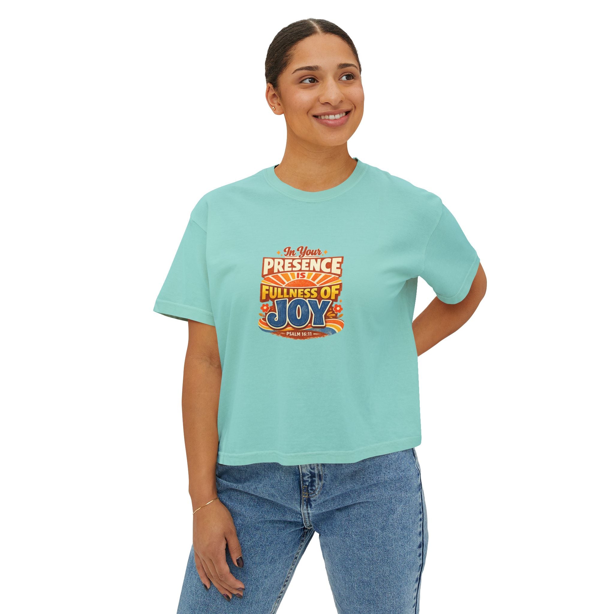Women's Boxy Tee — “In Your Presence Is Fullness of Joy” Christian Graphic Tee