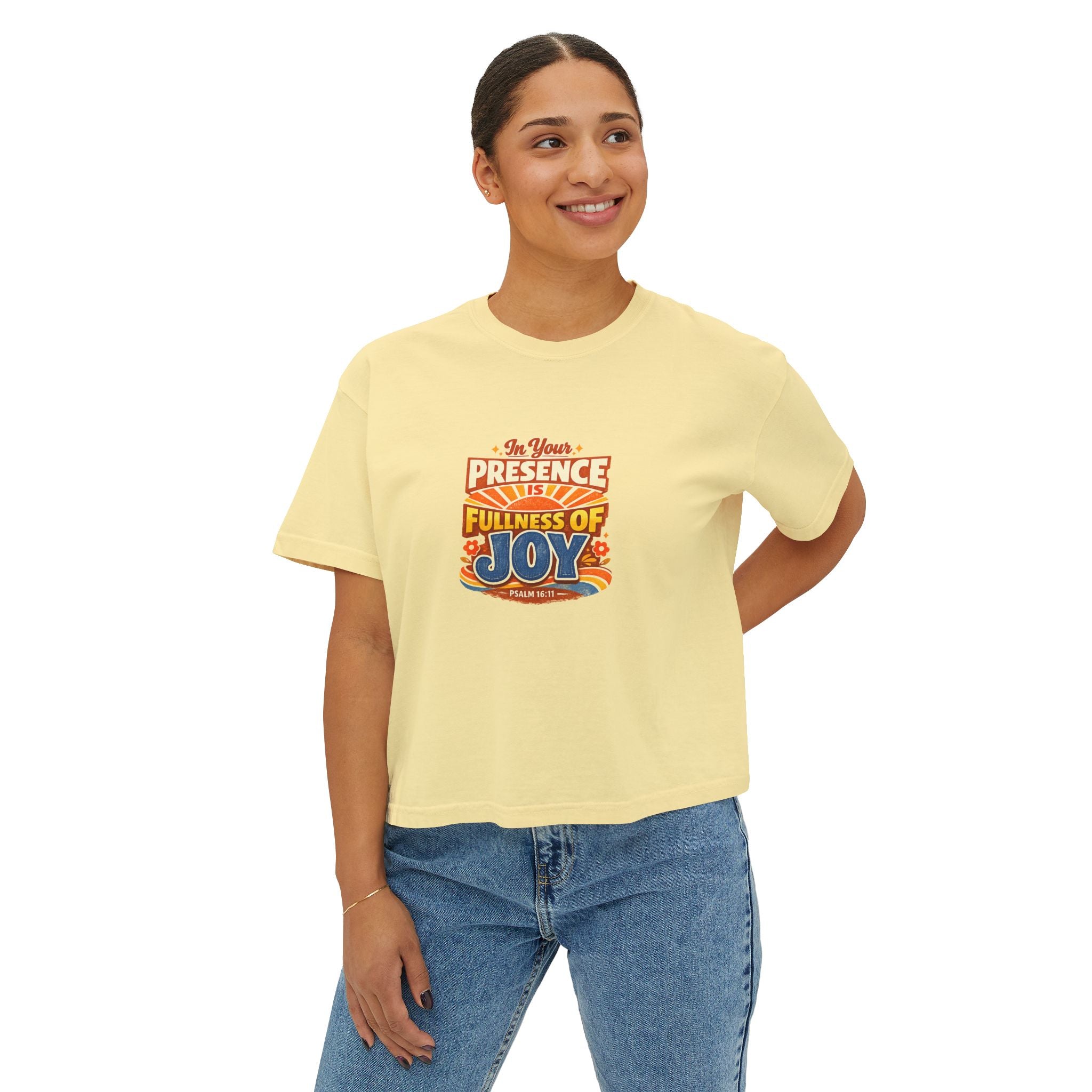 Women's Boxy Tee — “In Your Presence Is Fullness of Joy” Christian Graphic Tee