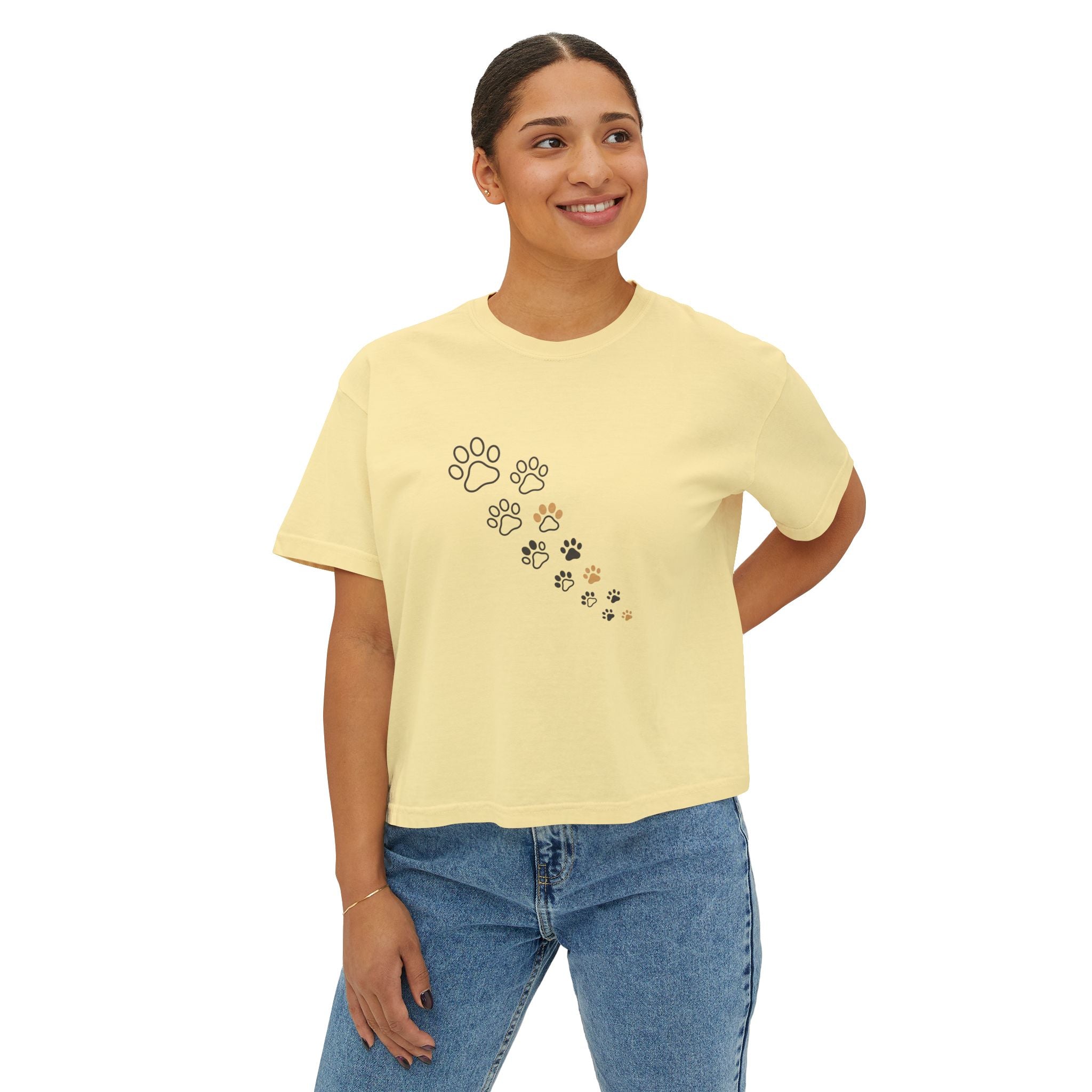 Women’s Boxy Tee – Minimal Paw Print Design, Cute Cat & Dog Lover Shirt