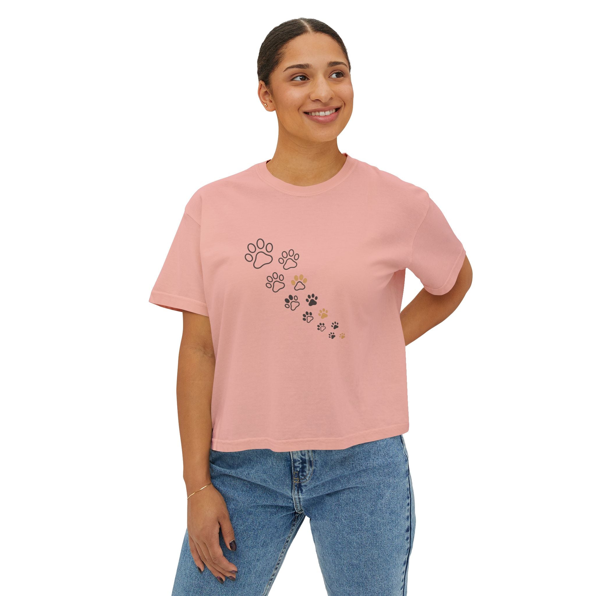 Women’s Boxy Tee – Minimal Paw Print Design, Cute Cat & Dog Lover Shirt